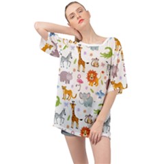 Children Seamless Wallpaper With Cute Funny Baby Savanna Animals Oversized Chiffon Top