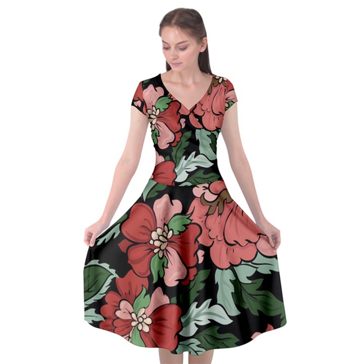 Beautiful Floral Vector Seamless Pattern Cap Sleeve Wrap Front Dress