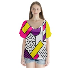 Memphis Colorful Background With Stroke V-neck Flutter Sleeve Top by Vaneshart