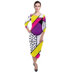 Memphis Colorful Background With Stroke Quarter Sleeve Midi Velour Bodycon Dress