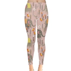 Cute Elephant Wild Flower Field Seamless Pattern Leggings  by Vaneshart