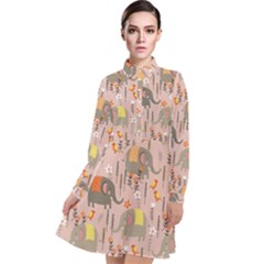 Cute Elephant Wild Flower Field Seamless Pattern Long Sleeve Chiffon Shirt Dress by Vaneshart