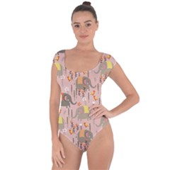 Cute Elephant Wild Flower Field Seamless Pattern Short Sleeve Leotard  by Vaneshart