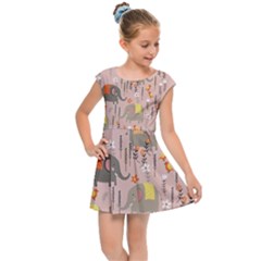 Cute Elephant Wild Flower Field Seamless Pattern Kids  Cap Sleeve Dress