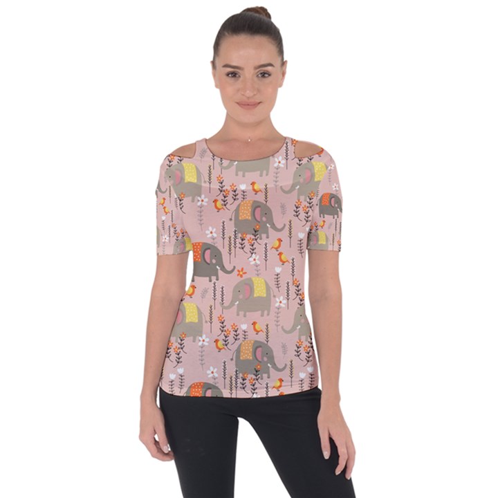 Cute Elephant Wild Flower Field Seamless Pattern Shoulder Cut Out Short Sleeve Top