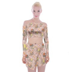 Cute Elephant Wild Flower Field Seamless Pattern Off Shoulder Top With Mini Skirt Set by Vaneshart