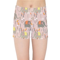 Cute Elephant Wild Flower Field Seamless Pattern Kids  Sports Shorts