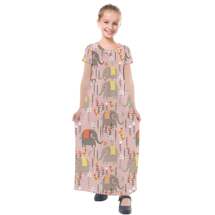 Cute Elephant Wild Flower Field Seamless Pattern Kids  Short Sleeve Maxi Dress