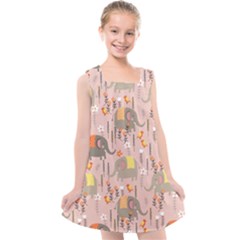 Cute Elephant Wild Flower Field Seamless Pattern Kids  Cross Back Dress by Vaneshart