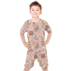 Cute Elephant Wild Flower Field Seamless Pattern Kids  Tee And Shorts Set by Vaneshart