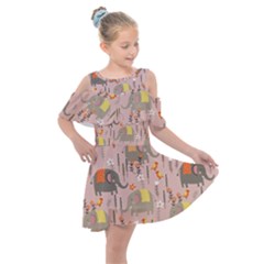 Cute Elephant Wild Flower Field Seamless Pattern Kids  Shoulder Cutout Chiffon Dress by Vaneshart