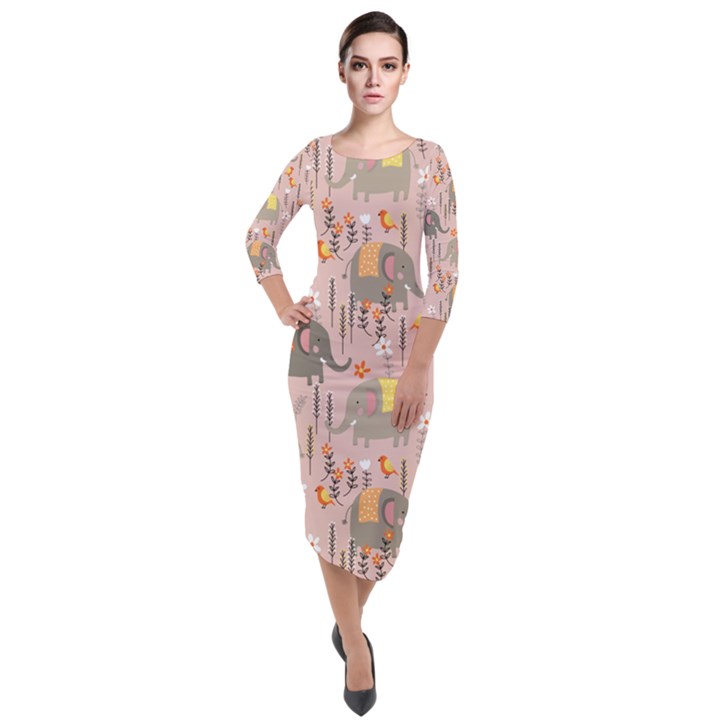 Cute Elephant Wild Flower Field Seamless Pattern Quarter Sleeve Midi Velour Bodycon Dress