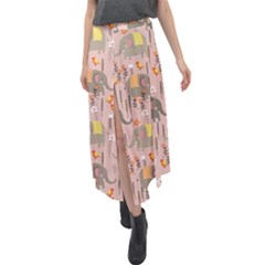 Cute Elephant Wild Flower Field Seamless Pattern Velour Split Maxi Skirt