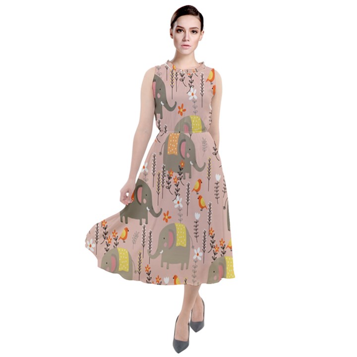 Cute Elephant Wild Flower Field Seamless Pattern Round Neck Boho Dress