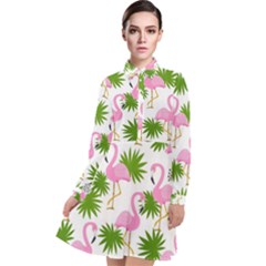 Seamless Pattern With Cute Flamingos Long Sleeve Chiffon Shirt Dress by Vaneshart