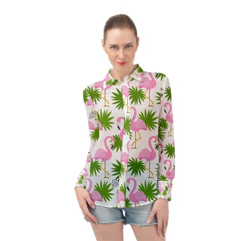 Seamless Pattern With Cute Flamingos Long Sleeve Chiffon Shirt by Vaneshart