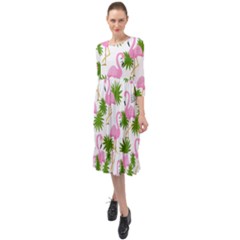 Seamless Pattern With Cute Flamingos Ruffle End Midi Chiffon Dress