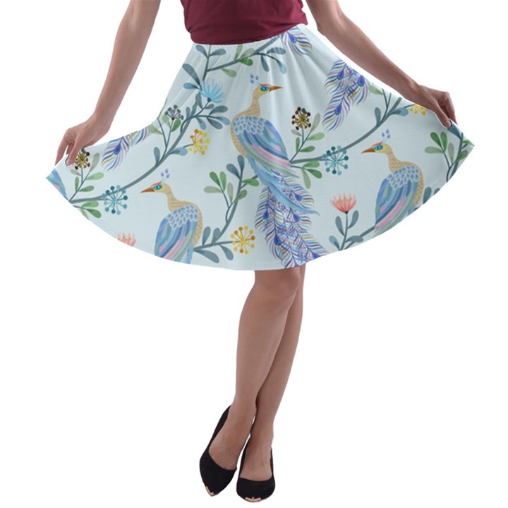 Beautiful Peacock Seamless Pattern A-line Skater Skirt