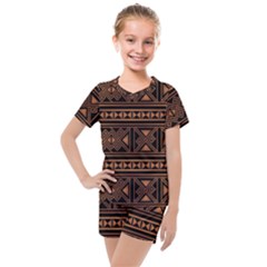 Colorful Bright Ethnic Seamless Striped Pattern Background Orange Black Colors Kids  Mesh Tee And Shorts Set