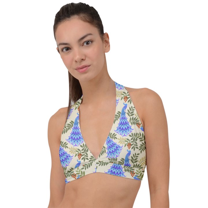 Peacock Vector Design Seamless Pattern Fabri Textile Halter Plunge Bikini Top