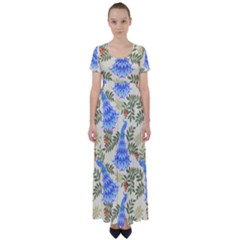 Peacock Vector Design Seamless Pattern Fabri Textile High Waist Short Sleeve Maxi Dress