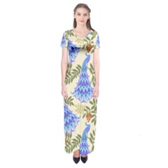 Peacock Vector Design Seamless Pattern Fabri Textile Short Sleeve Maxi Dress