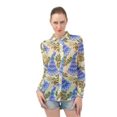 Peacock Vector Design Seamless Pattern Fabri Textile Long Sleeve Chiffon Shirt