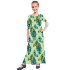 Peacock Feather Pattern Kids  Quarter Sleeve Maxi Dress by Vaneshart