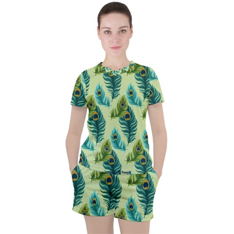 Peacock Feather Pattern Women s Tee And Shorts Set by Vaneshart