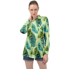 Peacock Feather Pattern Long Sleeve Satin Shirt