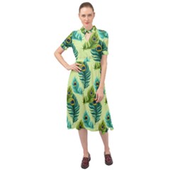 Peacock Feather Pattern Keyhole Neckline Chiffon Dress