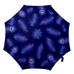 Seamless Pattern With Colorful Peacock Feathers Dark Blue Background Hook Handle Umbrellas (medium) by Vaneshart