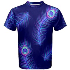 Seamless Pattern With Colorful Peacock Feathers Dark Blue Background Men s Cotton Tee by Vaneshart