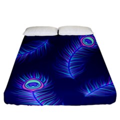 Seamless Pattern With Colorful Peacock Feathers Dark Blue Background Fitted Sheet (california King Size) by Vaneshart