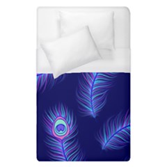 Seamless Pattern With Colorful Peacock Feathers Dark Blue Background Duvet Cover (single Size) by Vaneshart