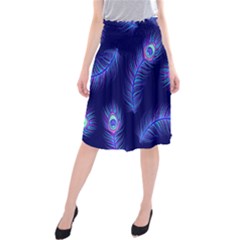 Seamless Pattern With Colorful Peacock Feathers Dark Blue Background Midi Beach Skirt by Vaneshart