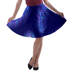 Seamless Pattern With Colorful Peacock Feathers Dark Blue Background A-line Skater Skirt by Vaneshart