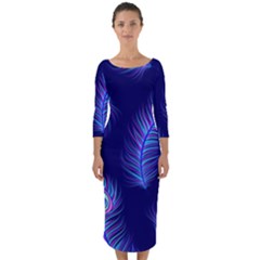 Seamless Pattern With Colorful Peacock Feathers Dark Blue Background Quarter Sleeve Midi Bodycon Dress