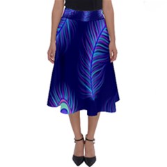 Seamless Pattern With Colorful Peacock Feathers Dark Blue Background Perfect Length Midi Skirt by Vaneshart