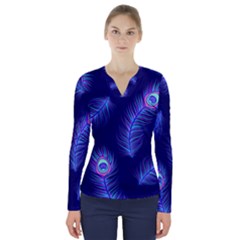 Seamless Pattern With Colorful Peacock Feathers Dark Blue Background V-neck Long Sleeve Top by Vaneshart