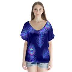 Seamless Pattern With Colorful Peacock Feathers Dark Blue Background V-neck Flutter Sleeve Top by Vaneshart