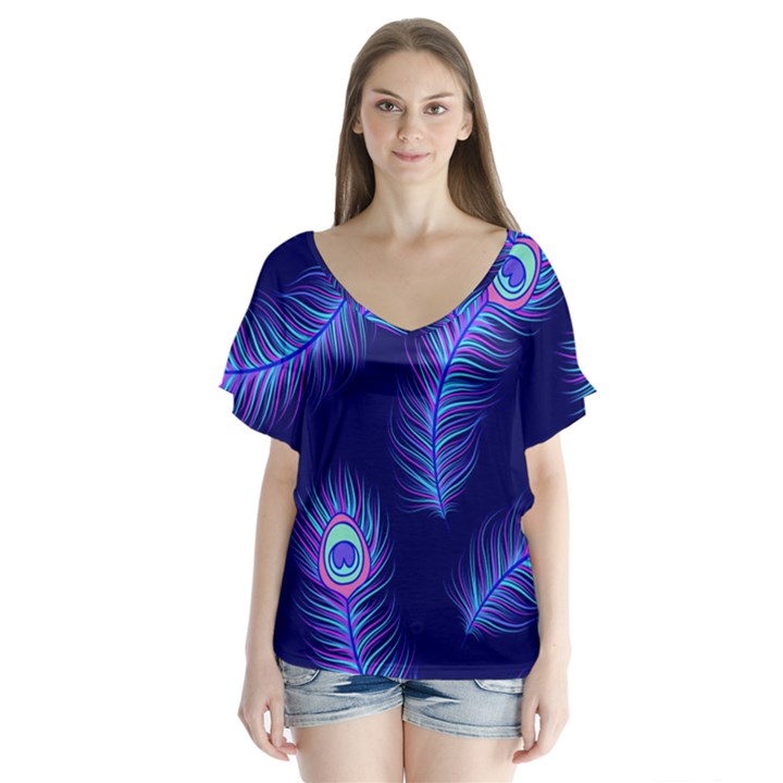 Seamless Pattern With Colorful Peacock Feathers Dark Blue Background V-Neck Flutter Sleeve Top