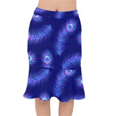 Seamless Pattern With Colorful Peacock Feathers Dark Blue Background Short Mermaid Skirt by Vaneshart