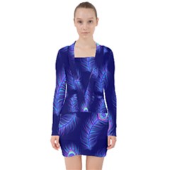 Seamless Pattern With Colorful Peacock Feathers Dark Blue Background V-neck Bodycon Long Sleeve Dress by Vaneshart