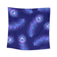 Seamless Pattern With Colorful Peacock Feathers Dark Blue Background Square Tapestry (small)