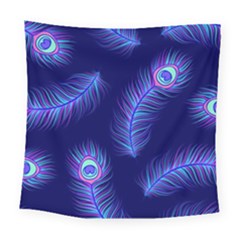 Seamless Pattern With Colorful Peacock Feathers Dark Blue Background Square Tapestry (large) by Vaneshart