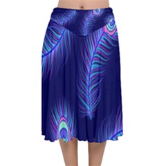 Seamless Pattern With Colorful Peacock Feathers Dark Blue Background Velvet Flared Midi Skirt by Vaneshart