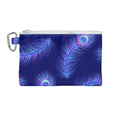 Seamless Pattern With Colorful Peacock Feathers Dark Blue Background Canvas Cosmetic Bag (medium) by Vaneshart