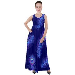 Seamless Pattern With Colorful Peacock Feathers Dark Blue Background Empire Waist Velour Maxi Dress