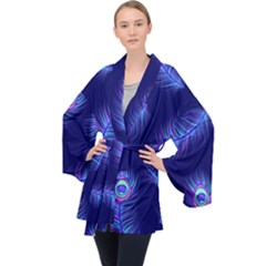 Seamless Pattern With Colorful Peacock Feathers Dark Blue Background Long Sleeve Velvet Kimono  by Vaneshart